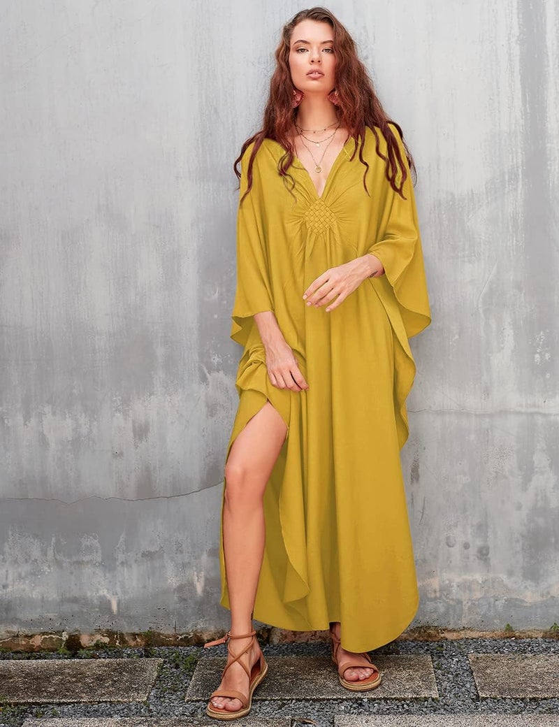 Bsubseach Women Solid Color Cover Up V Neck Batwing Sleeve Plus Size Beach Kaftan Dresses - Image 4